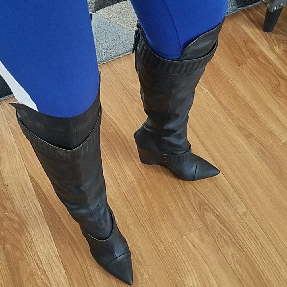 Black wedge knee high boots